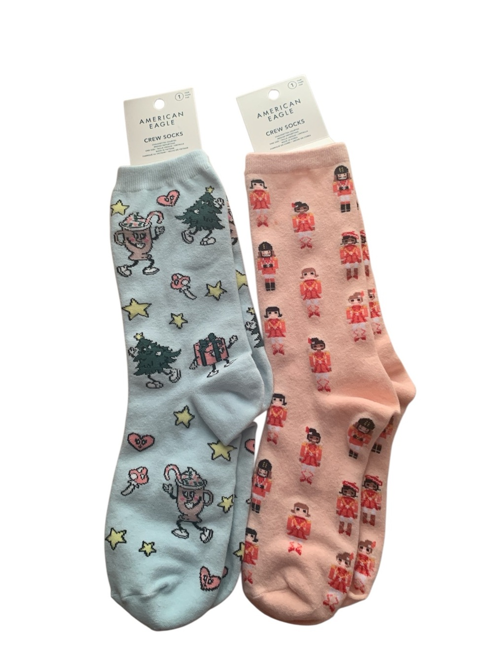 American Eagle Outfitters Crew Socks in Light Blue & Peach with Holiday Motifs